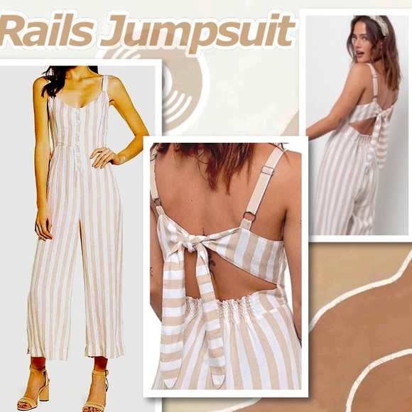 Rails Anthropologie Linen canyon stripe jumpsuit back bow cutouts NEW Re $160 XS - Picture 16 of 16